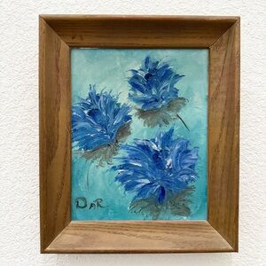 Vtg Original Acrylic Painting Signed DAR Blue Flowers Framed Wall Art 12”x10”